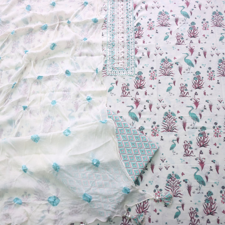 Samaya Creamy White Kardana Lace Patch Work Printed Cotton Suit Set