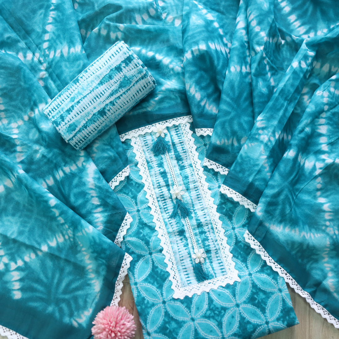Samaya Teal Blue Printed Lace Work Tie-Dye Floral Printed Cotton Suit Set