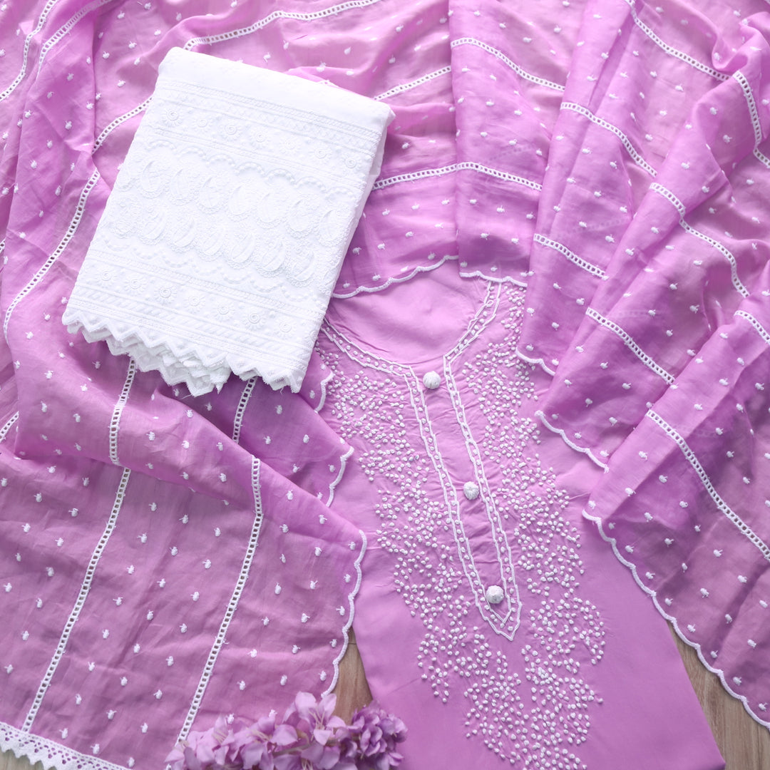 Roobi Lilac Purple French Knot Neck Work Cotton Suit Set