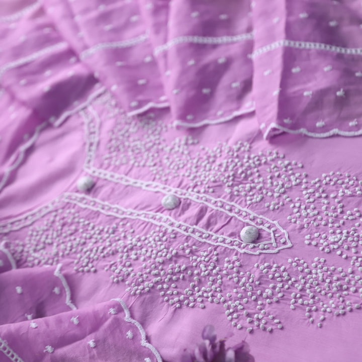 Roobi Lilac Purple French Knot Neck Work Cotton Suit Set