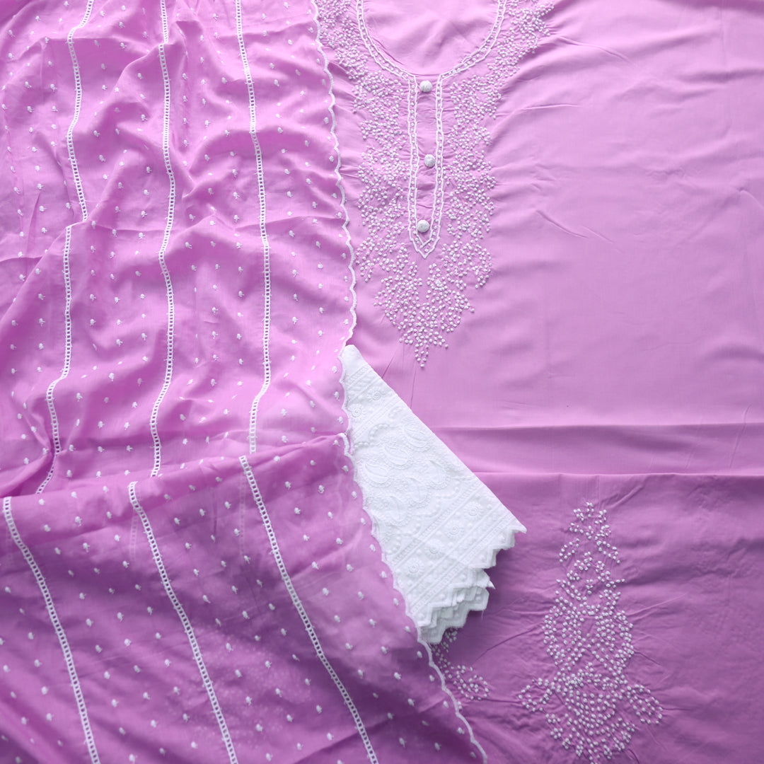 Roobi Lilac Purple French Knot Neck Work Cotton Suit Set