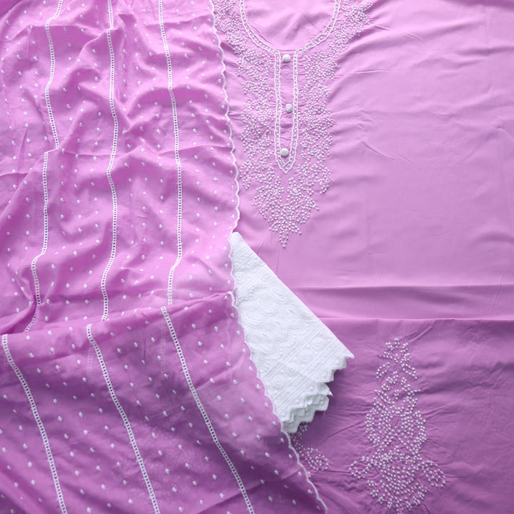 Roobi Lilac Purple French Knot Neck Work Cotton Suit Set