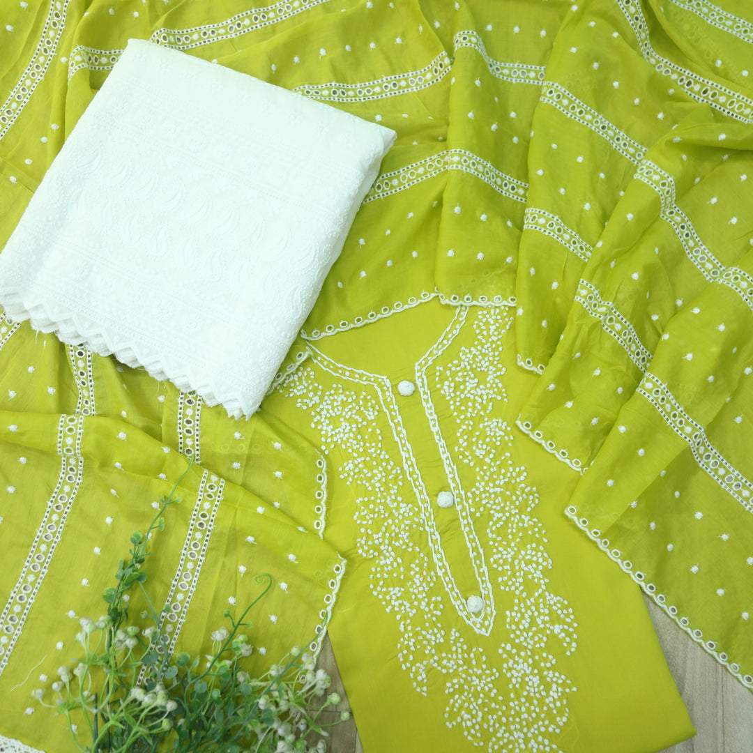 Roobi Lemon Green French Knot Neck Work Cotton Suit Set