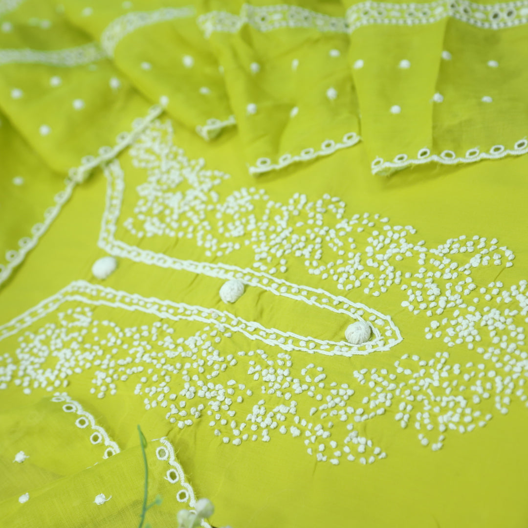 Roobi Lemon Green French Knot Neck Work Cotton Suit Set