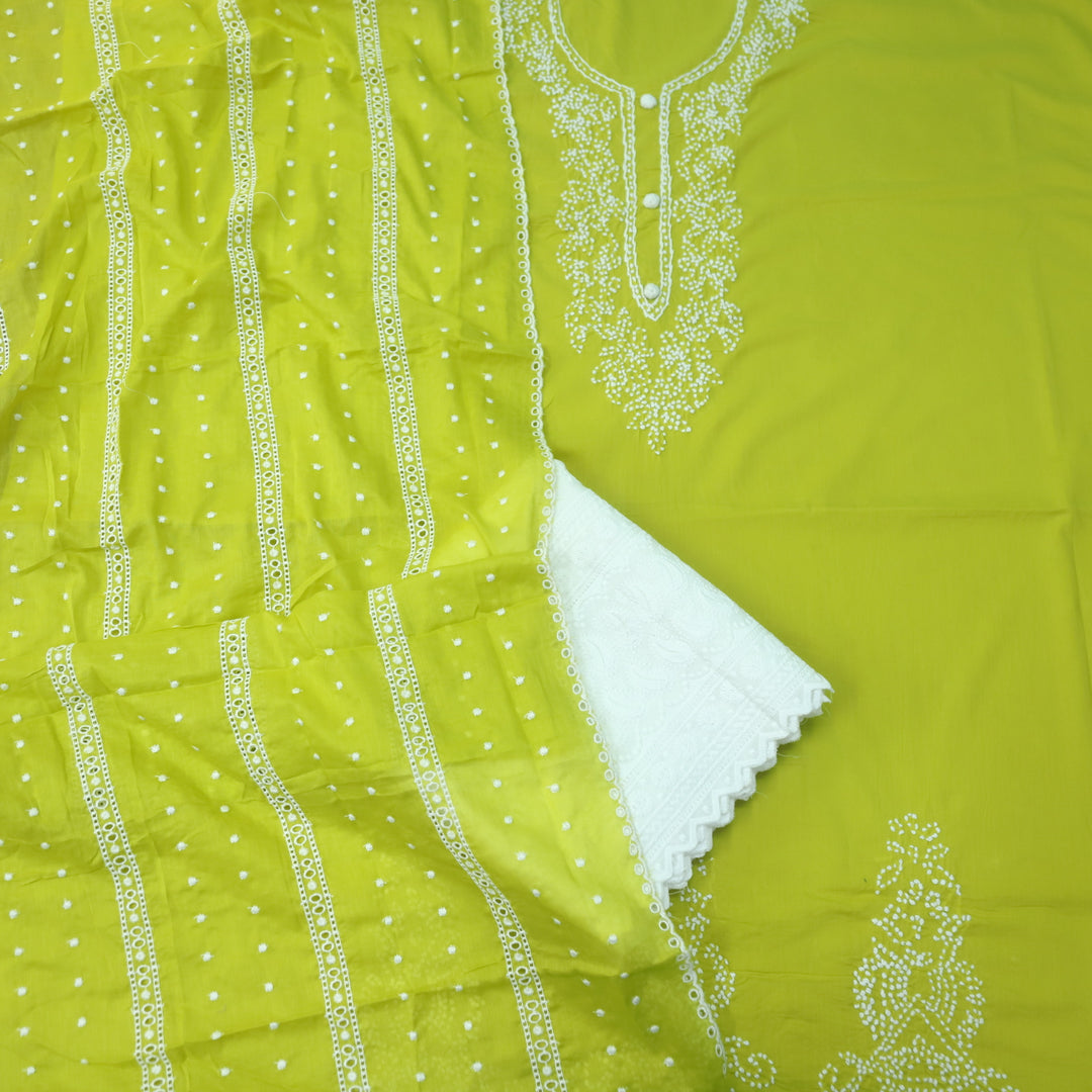 Roobi Lemon Green French Knot Neck Work Cotton Suit Set