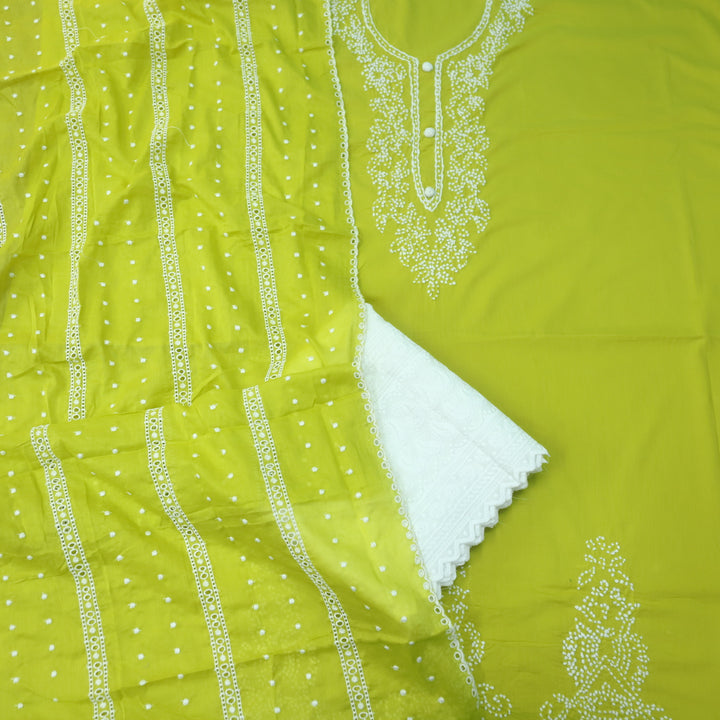 Roobi Lemon Green French Knot Neck Work Cotton Suit Set
