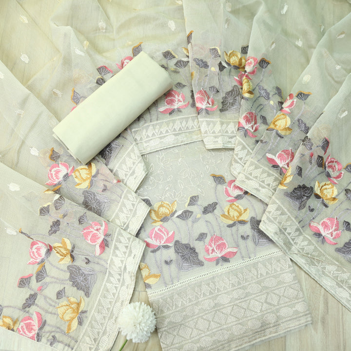 Mahi Sage Beige All Over Thread Embroidered Kota Doriya suit Set