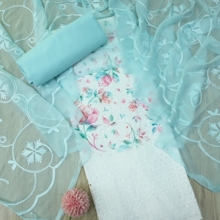Hamsafar White with Sky Blue Floral Printed Schiffli Work Cotton Suit Set