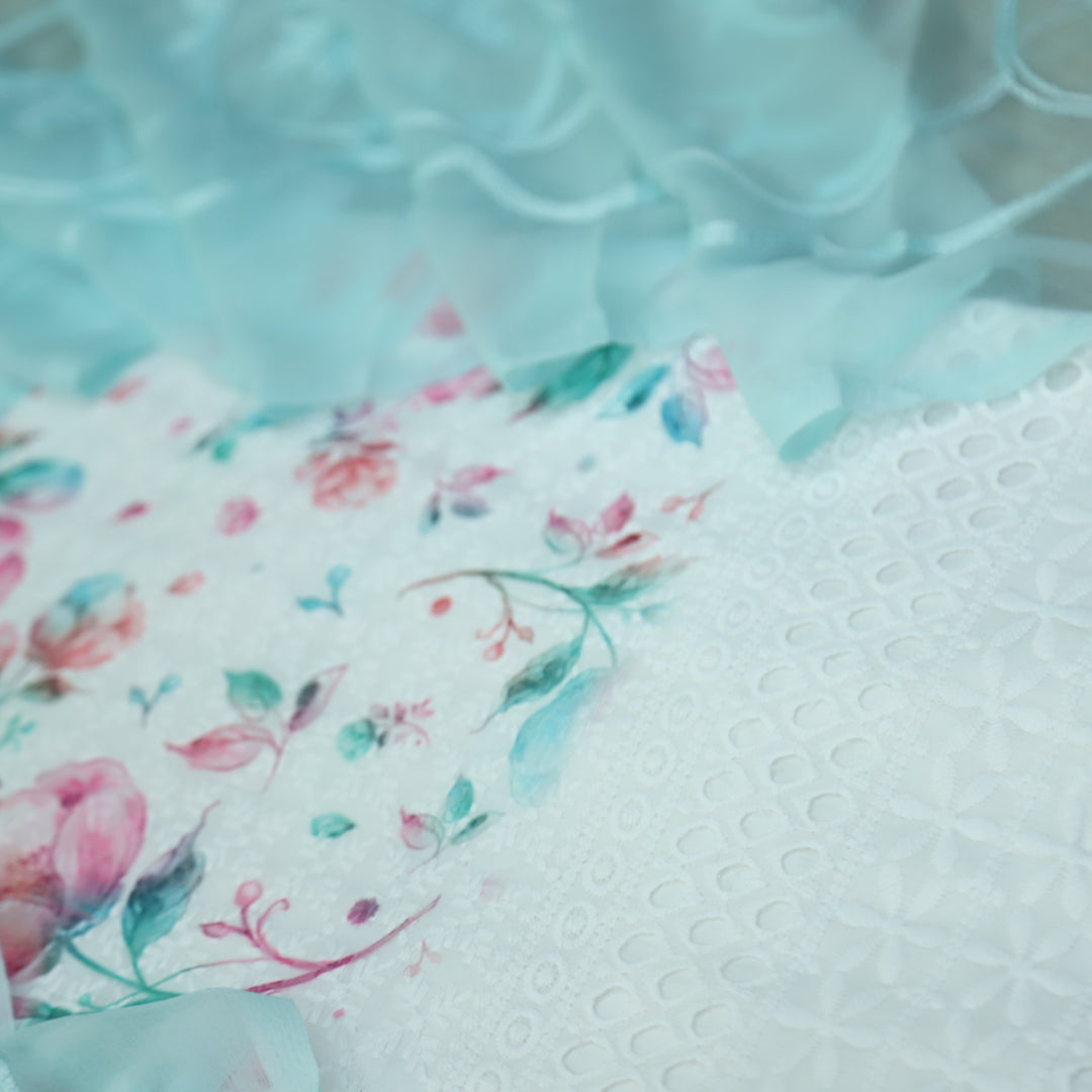 Hamsafar White with Sky Blue Floral Printed Schiffli Work Cotton Suit Set