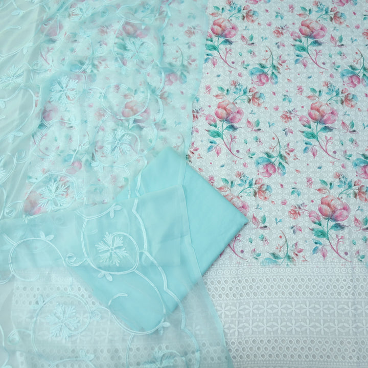 Hamsafar White with Sky Blue Floral Printed Schiffli Work Cotton Suit Set