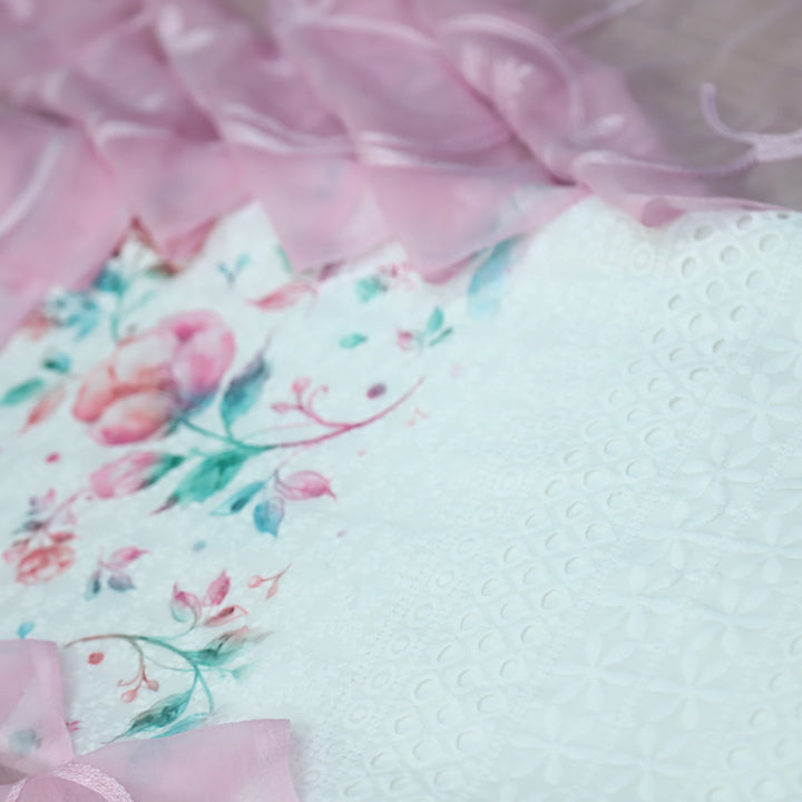 Hamsafar White with Pink Floral Printed Schiffli Work Cotton Suit Set