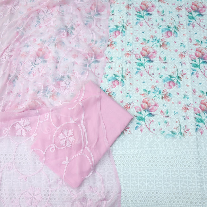 Hamsafar White with Pink Floral Printed Schiffli Work Cotton Suit Set