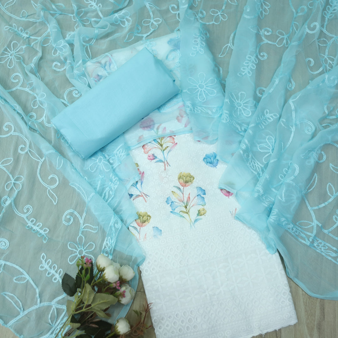 Hamsafar White with Blue Floral Printed Schiffli Work Cotton Suit Set