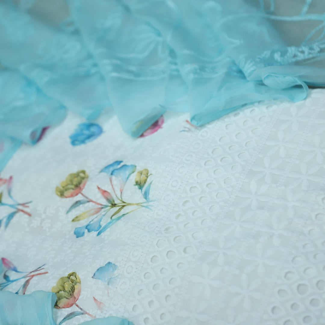 Hamsafar White with Blue Floral Printed Schiffli Work Cotton Suit Set