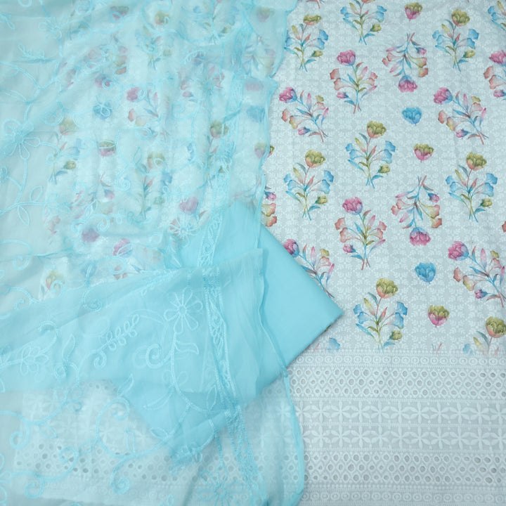 Hamsafar White with Blue Floral Printed Schiffli Work Cotton Suit Set