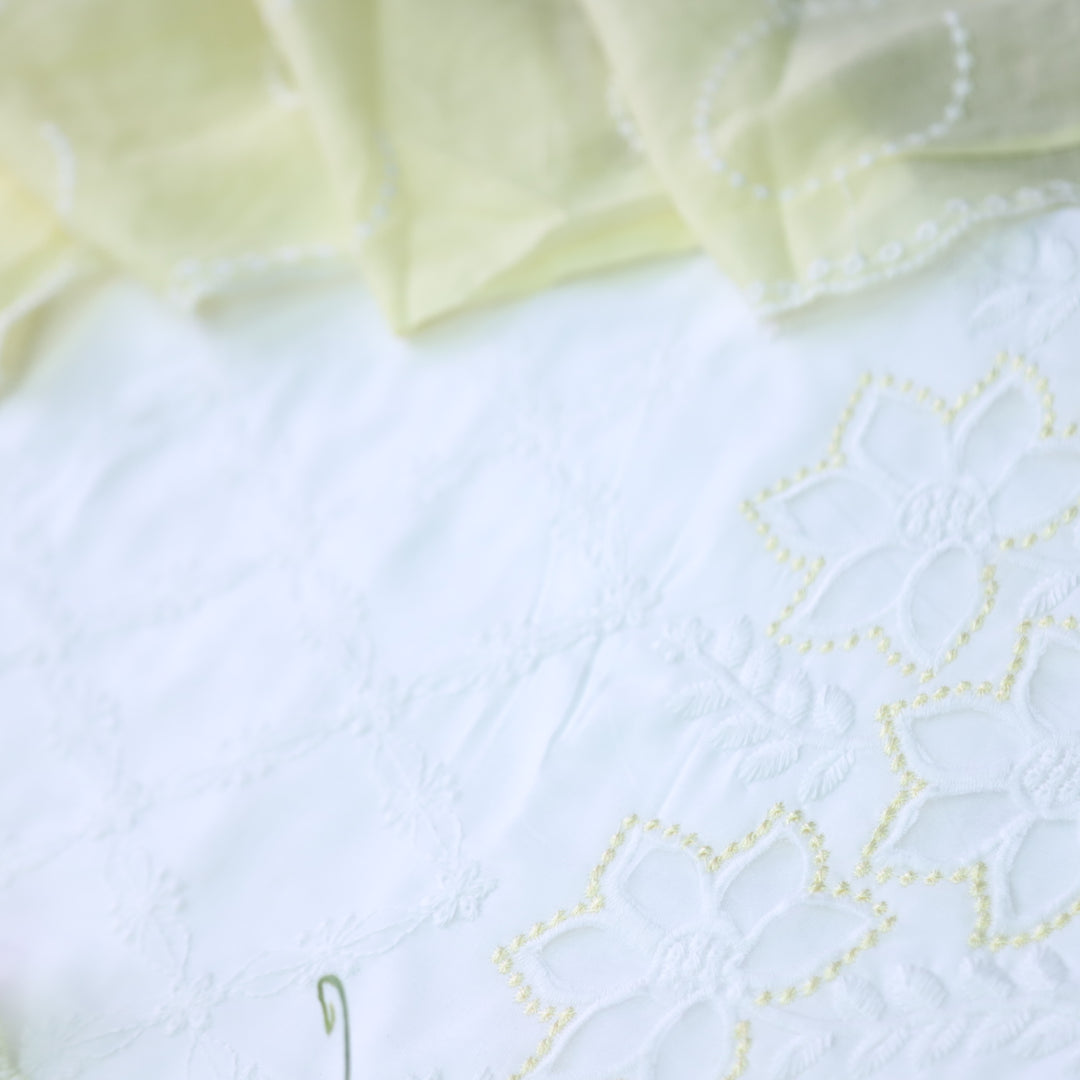 Falaq White with Yellow Thread Neck with Laser Cut Hem Cotton Suit Set