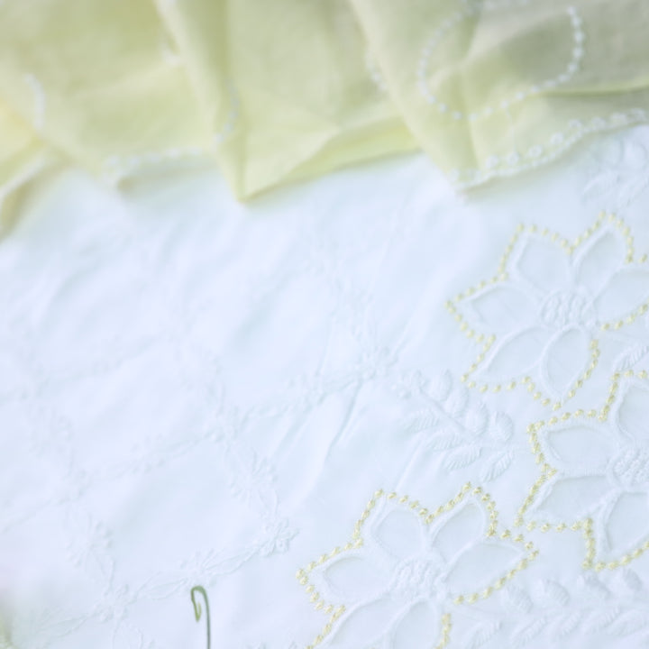 Falaq White with Yellow Thread Neck with Laser Cut Hem Cotton Suit Set
