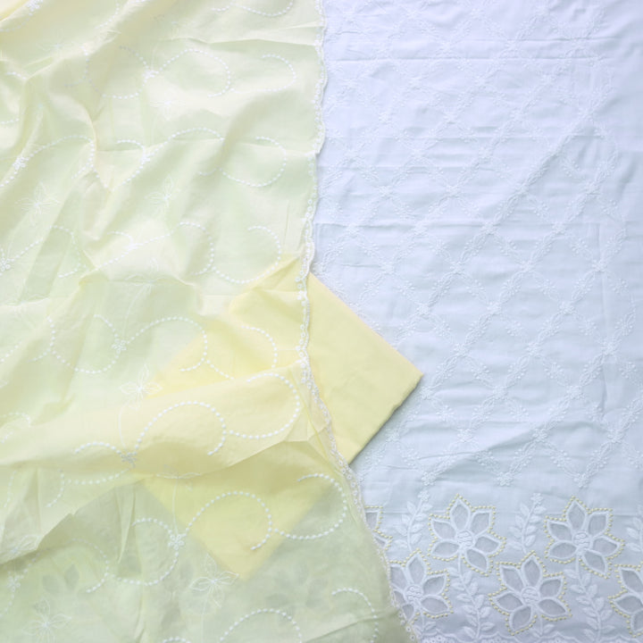 Falaq White with Yellow Thread Neck with Laser Cut Hem Cotton Suit Set
