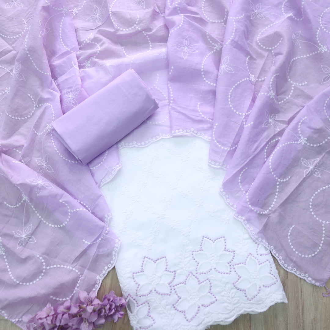 Falaq White with Purple Thread Neck with Laser Cut Hem Cotton Suit Set