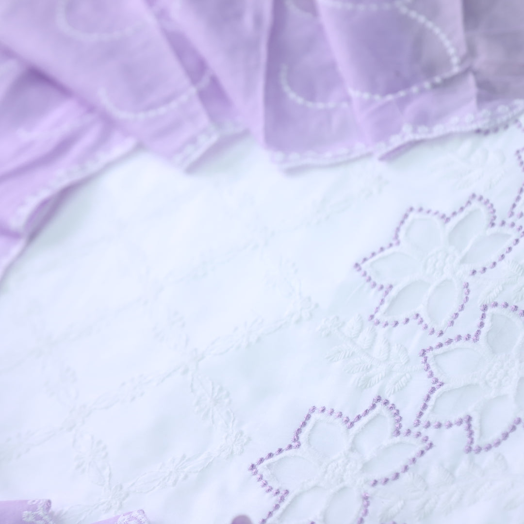 Falaq White with Purple Thread Neck with Laser Cut Hem Cotton Suit Set