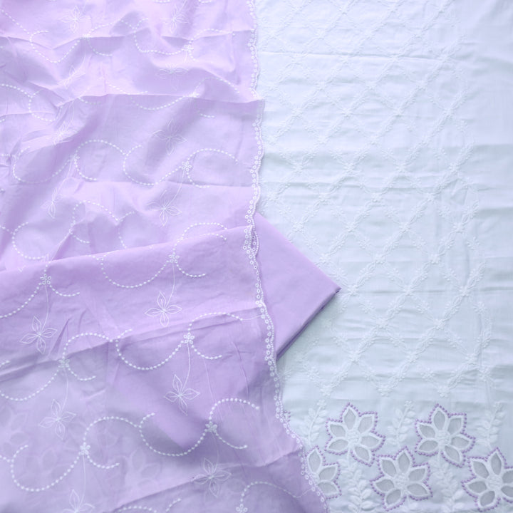 Falaq White with Purple Thread Neck with Laser Cut Hem Cotton Suit Set