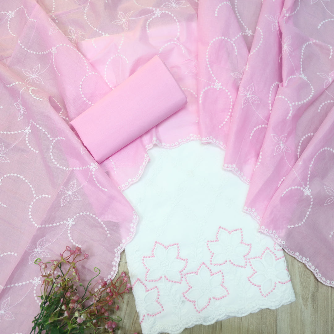 Falaq White with Pink Thread Neck with Laser Cut Hem Cotton Suit Set