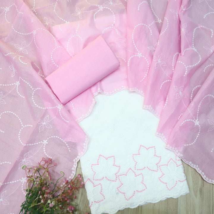 Falaq White with Pink Thread Neck with Laser Cut Hem Cotton Suit Set