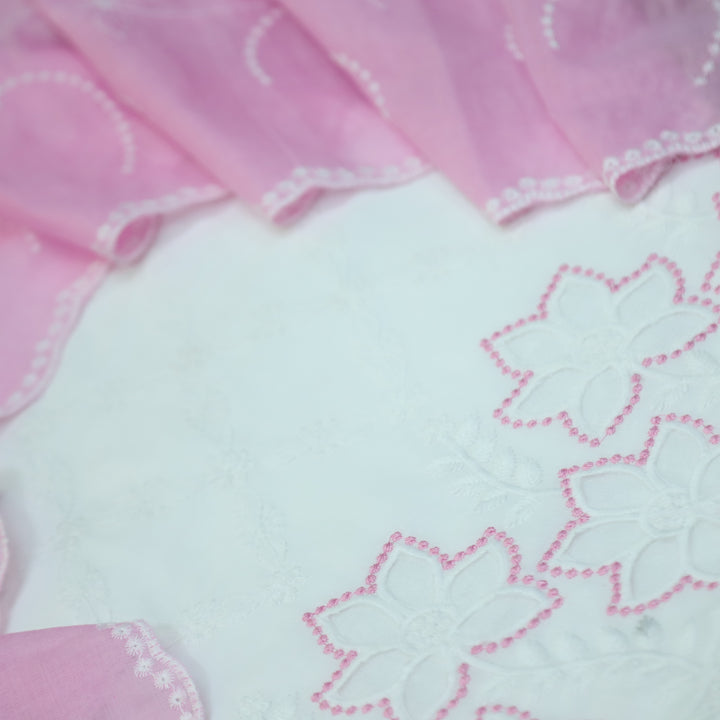 Falaq White with Pink Thread Neck with Laser Cut Hem Cotton Suit Set