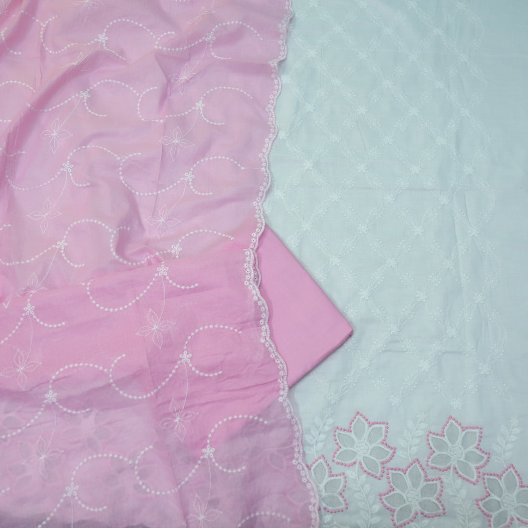 Falaq White with Pink Thread Neck with Laser Cut Hem Cotton Suit Set