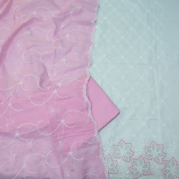 Falaq White with Pink Thread Neck with Laser Cut Hem Cotton Suit Set