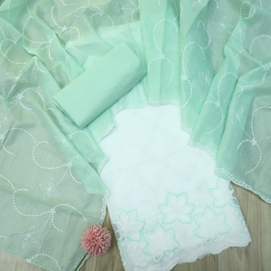 Falaq White with Green Thread Neck with Laser Cut Hem Cotton Suit Set