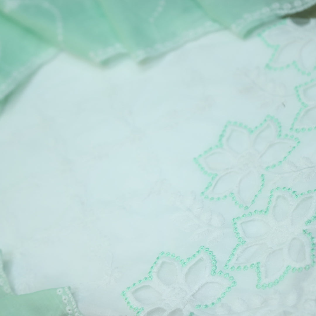 Falaq White with Green Thread Neck with Laser Cut Hem Cotton Suit Set
