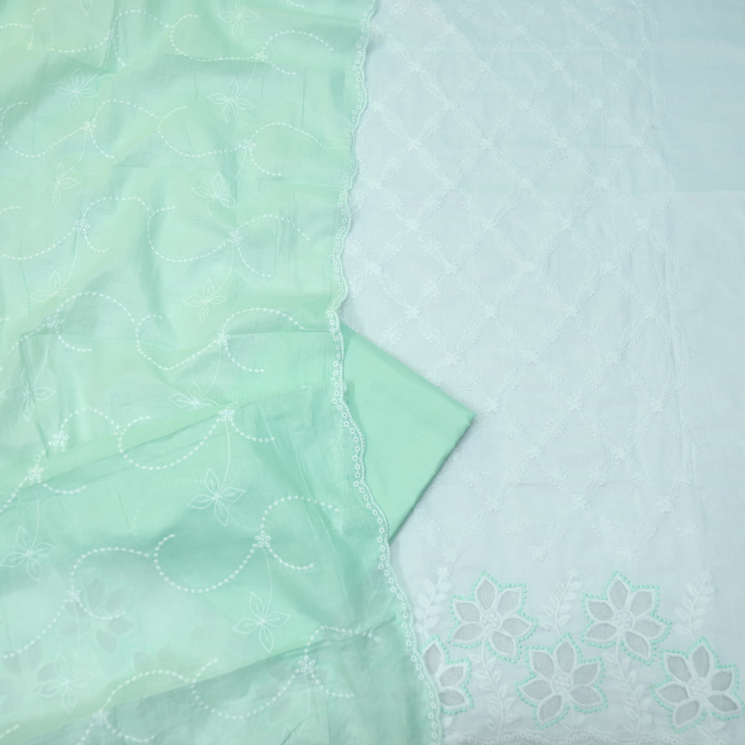 Falaq White with Green Thread Neck with Laser Cut Hem Cotton Suit Set