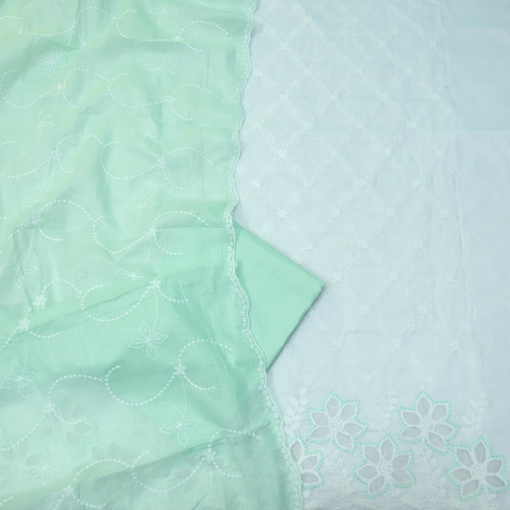 Falaq White with Green Thread Neck with Laser Cut Hem Cotton Suit Set