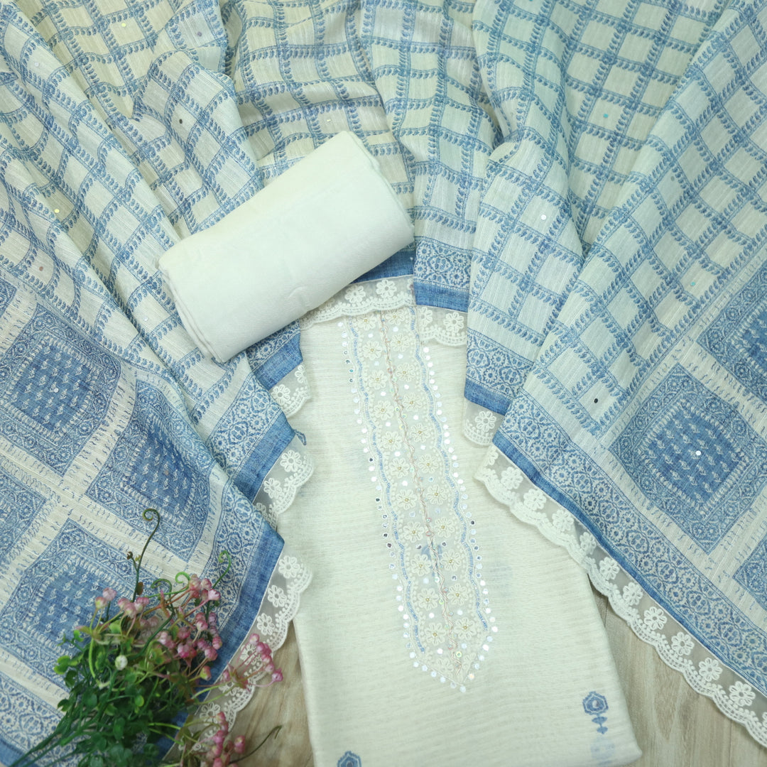 Ruaa Cream White Kardana Patch Lace Work Printed Tussar Chanderi Suit Set