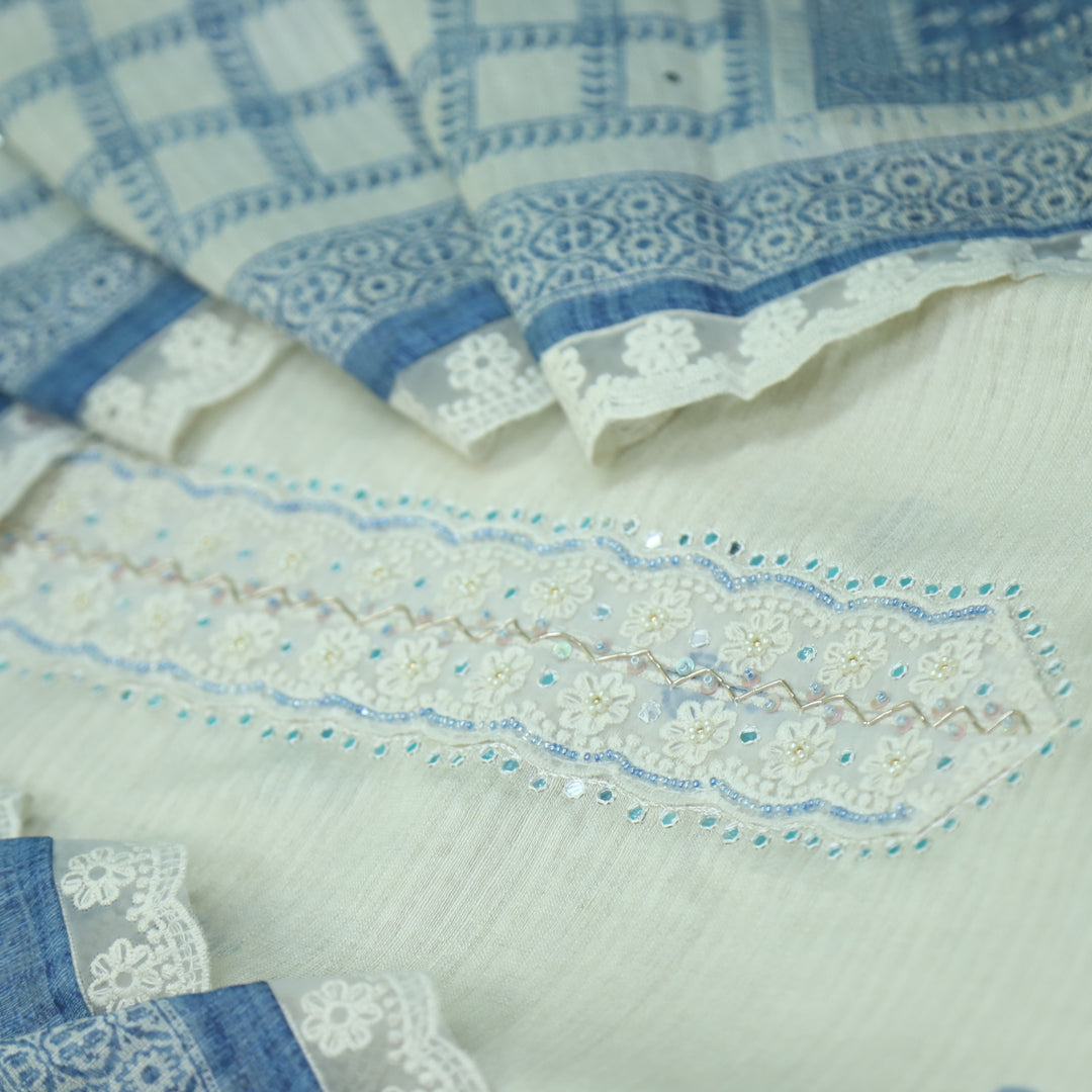 Ruaa Cream White Kardana Patch Lace Work Printed Tussar Chanderi Suit Set