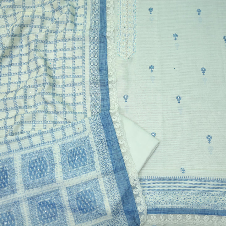 Ruaa Cream White Kardana Patch Lace Work Printed Tussar Chanderi Suit Set