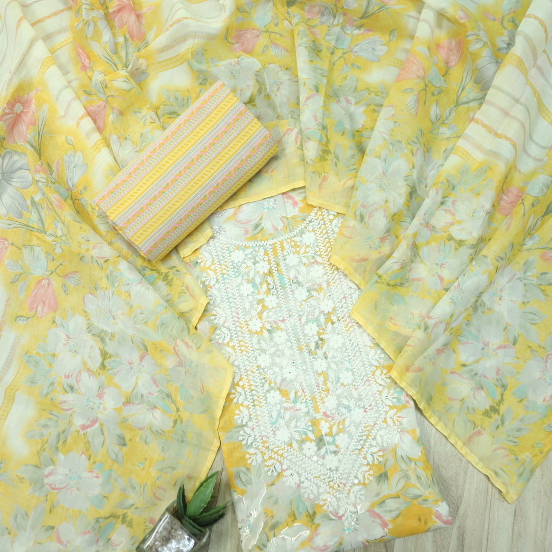 Falaq Beige with Yellow Thread Neck Work with Foil Detailing Cotton Suit Set