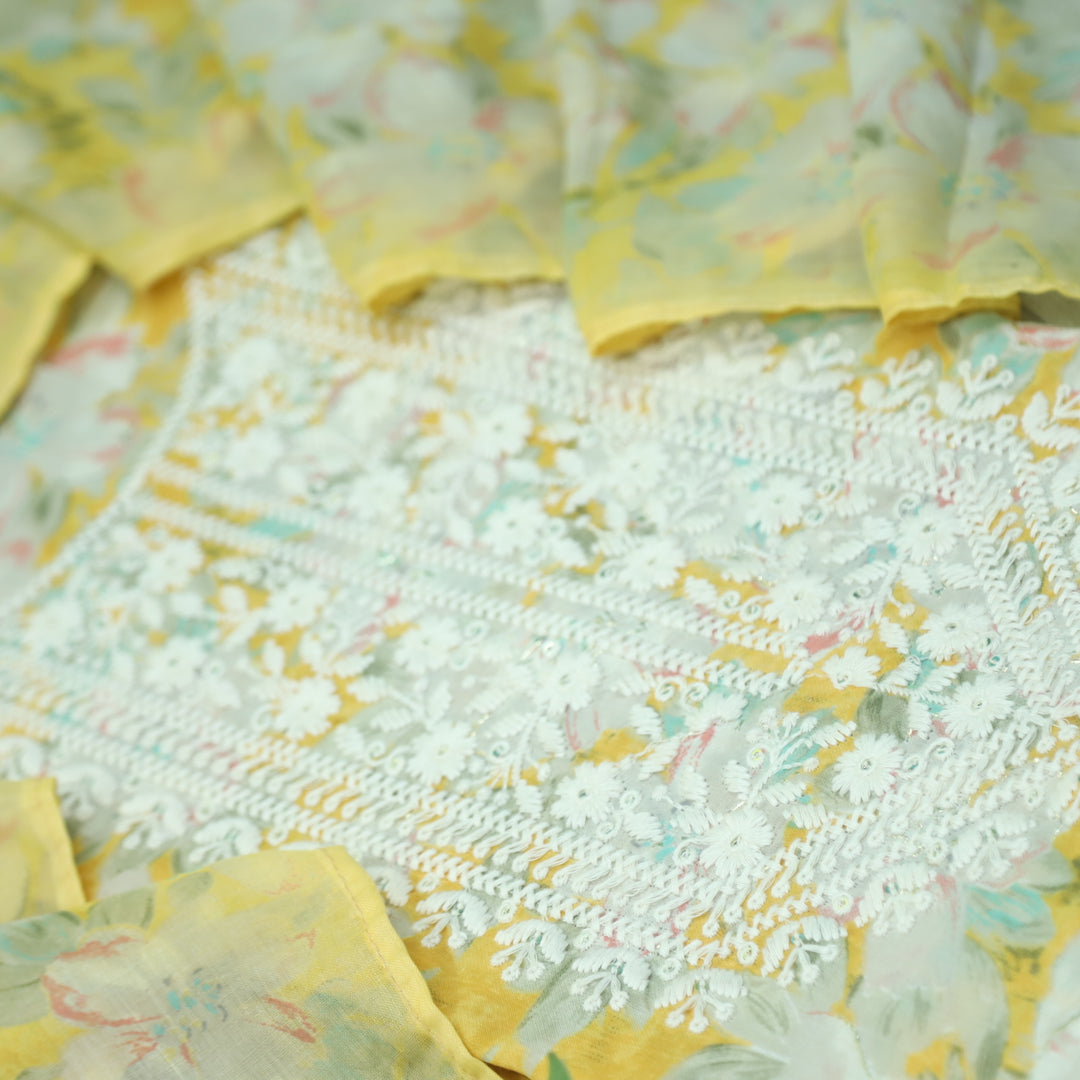 Falaq Beige with Yellow Thread Neck Work with Foil Detailing Cotton Suit Set