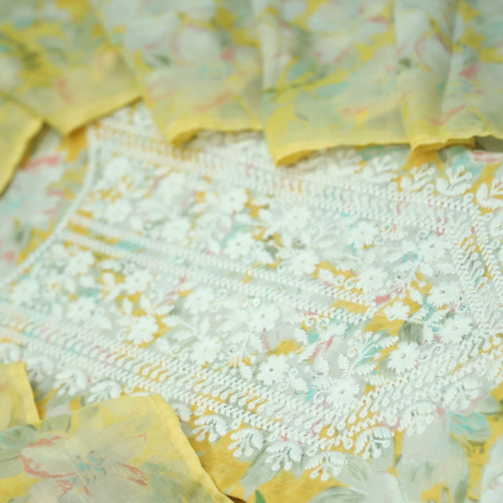 Falaq Beige with Yellow Thread Neck Work with Foil Detailing Cotton Suit Set