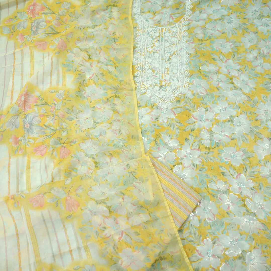 Falaq Beige with Yellow Thread Neck Work with Foil Detailing Cotton Suit Set