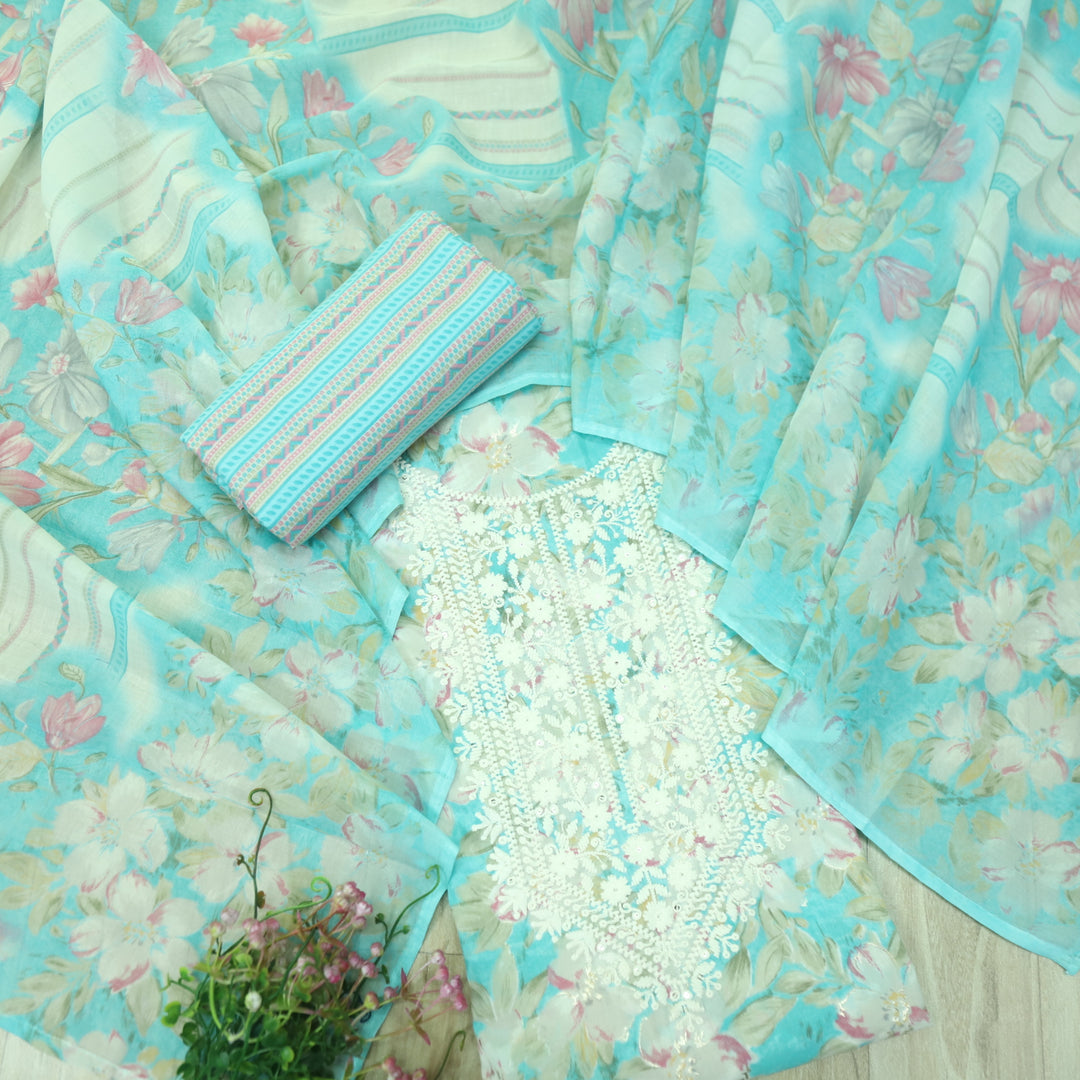 Falaq Beige with Teal Blue Thread Neck Work with Foil Detailing Cotton Suit Set