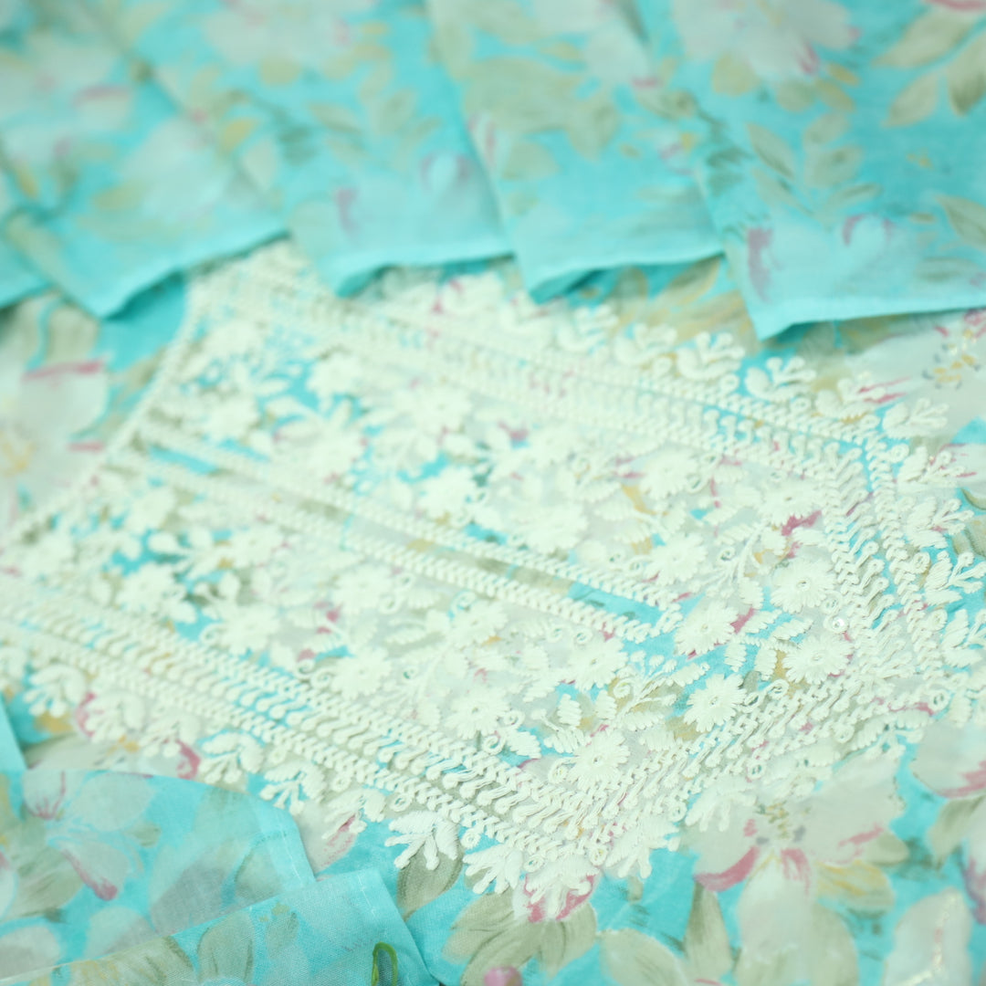 Falaq Beige with Teal Blue Thread Neck Work with Foil Detailing Cotton Suit Set