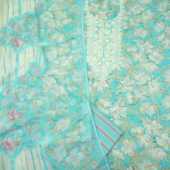 Falaq Beige with Teal Blue Thread Neck Work with Foil Detailing Cotton Suit Set