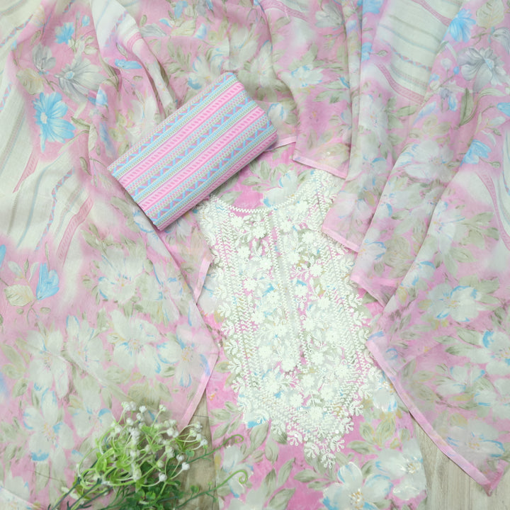 Falaq Beige with Pink Thread Neck Work with Foil Detailing Cotton Suit Set