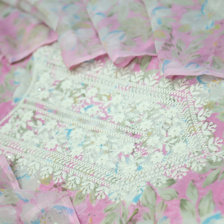 Falaq Beige with Pink Thread Neck Work with Foil Detailing Cotton Suit Set