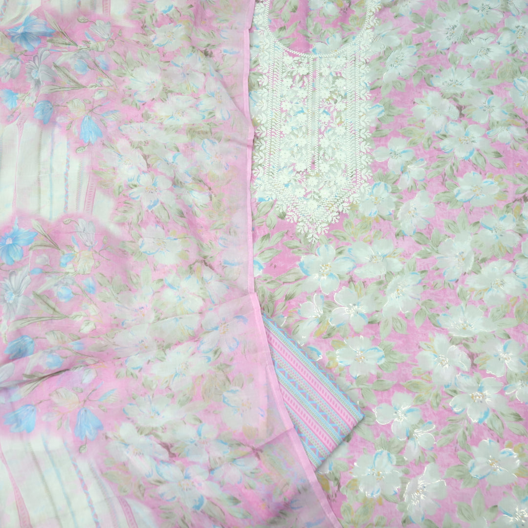 Falaq Beige with Pink Thread Neck Work with Foil Detailing Cotton Suit Set
