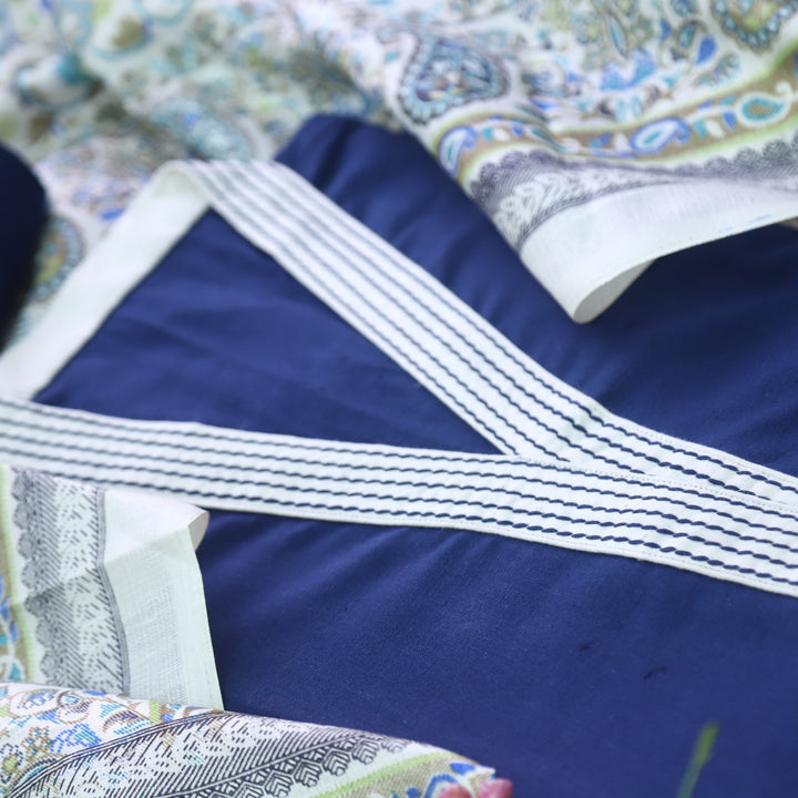Rukshat Royal Blue Running Stitch Work V Neck Cotton Flex Suit Set