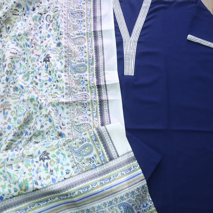 Rukshat Royal Blue Running Stitch Work V Neck Cotton Flex Suit Set