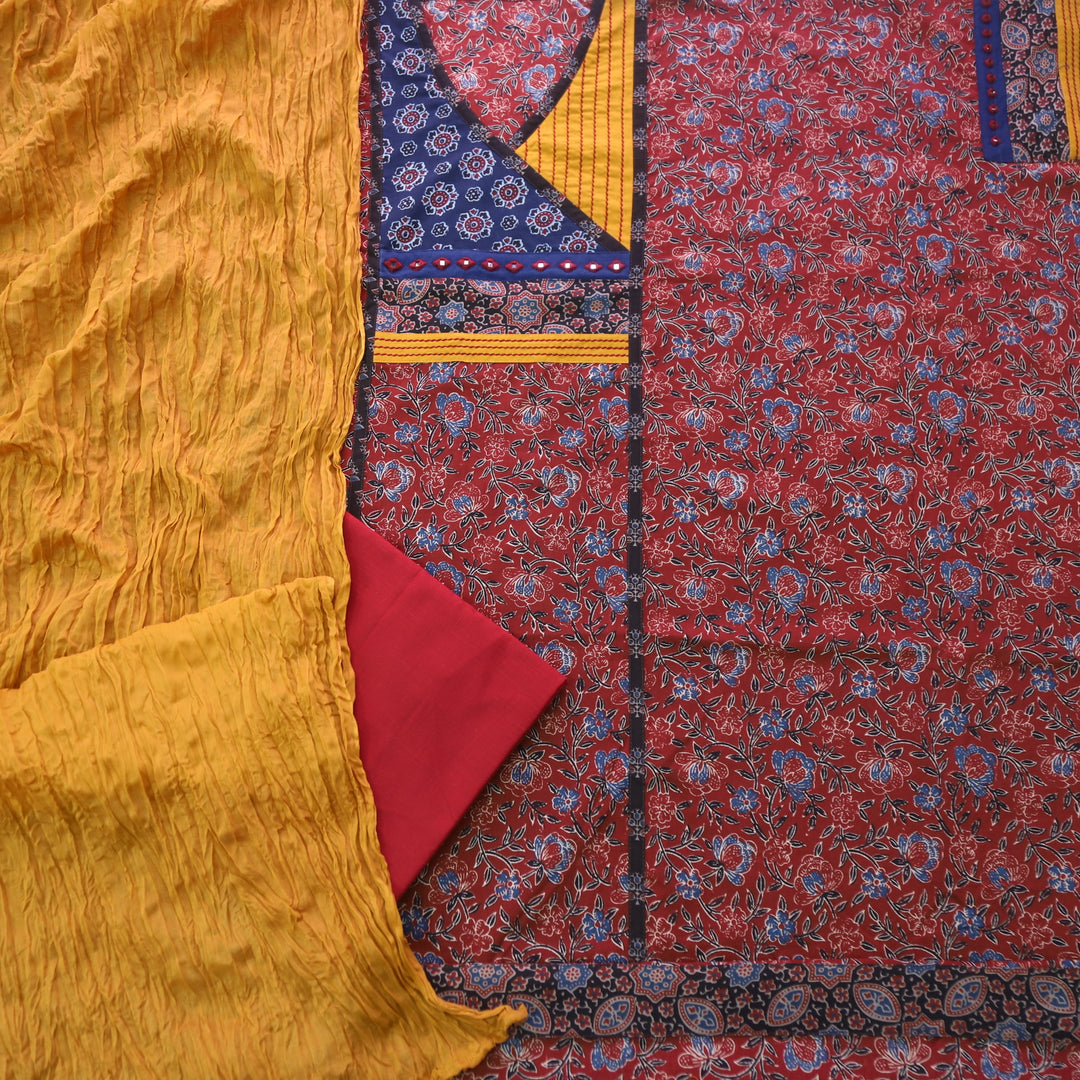 Rukshat Maroon Red Kutch Neck Work Angrakha Cotton Suit Set